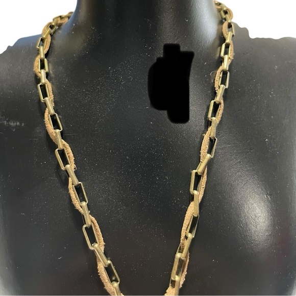 Chico’s Gold and Silver Leaf Pendant Necklace w/ leather gold chain - Picture 7 of 10